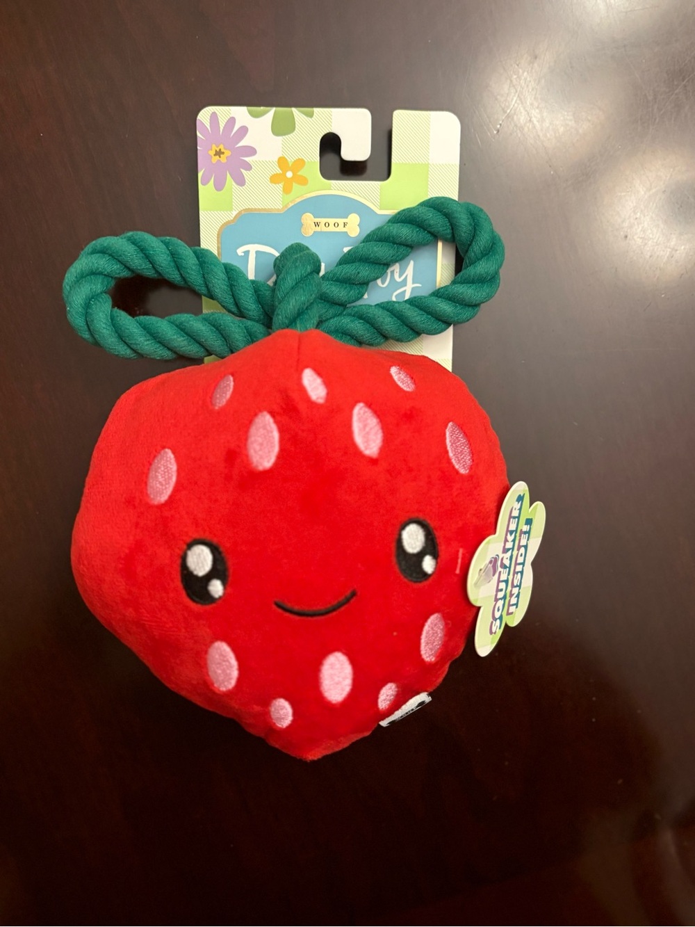 Woof Strawberry Plush Rope Squeaky Dog Toy
